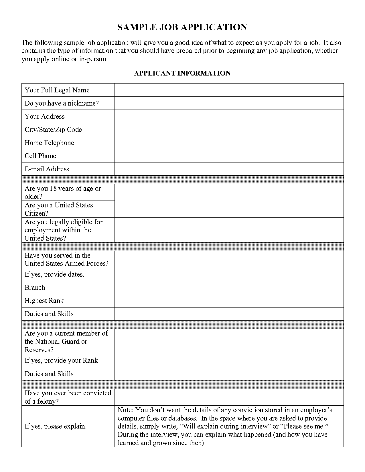 job application format sample