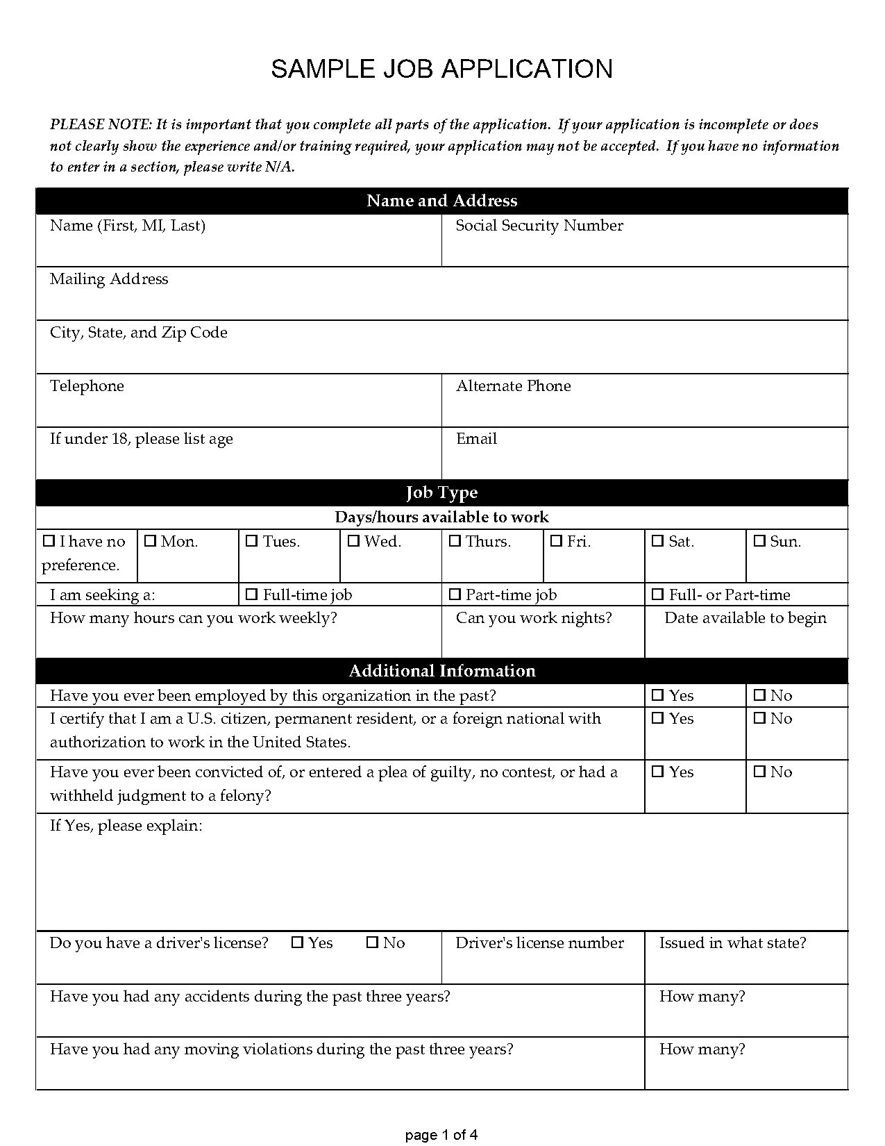 short job application form template