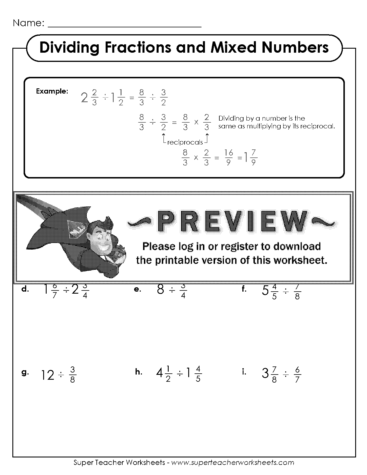 worksheet on dividing fractions