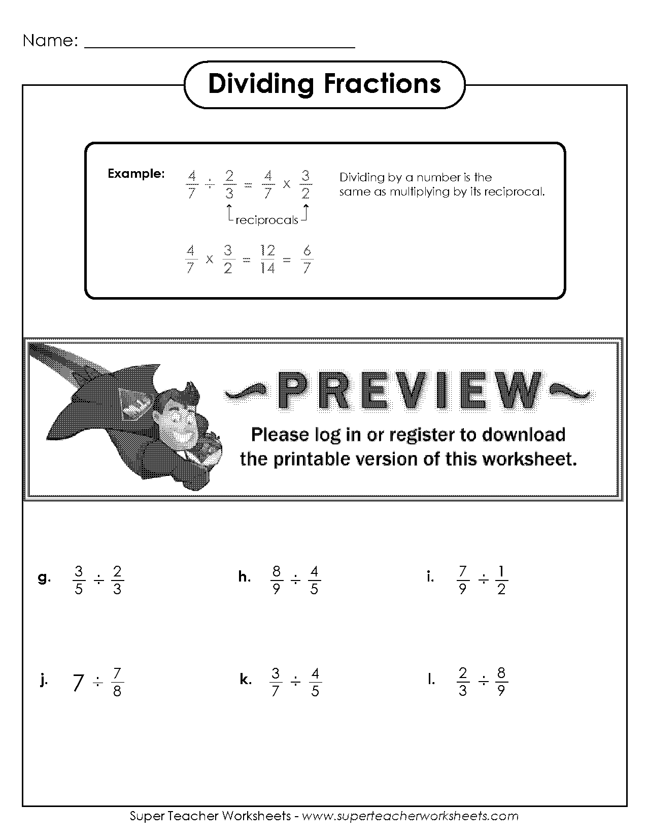 worksheet on dividing fractions