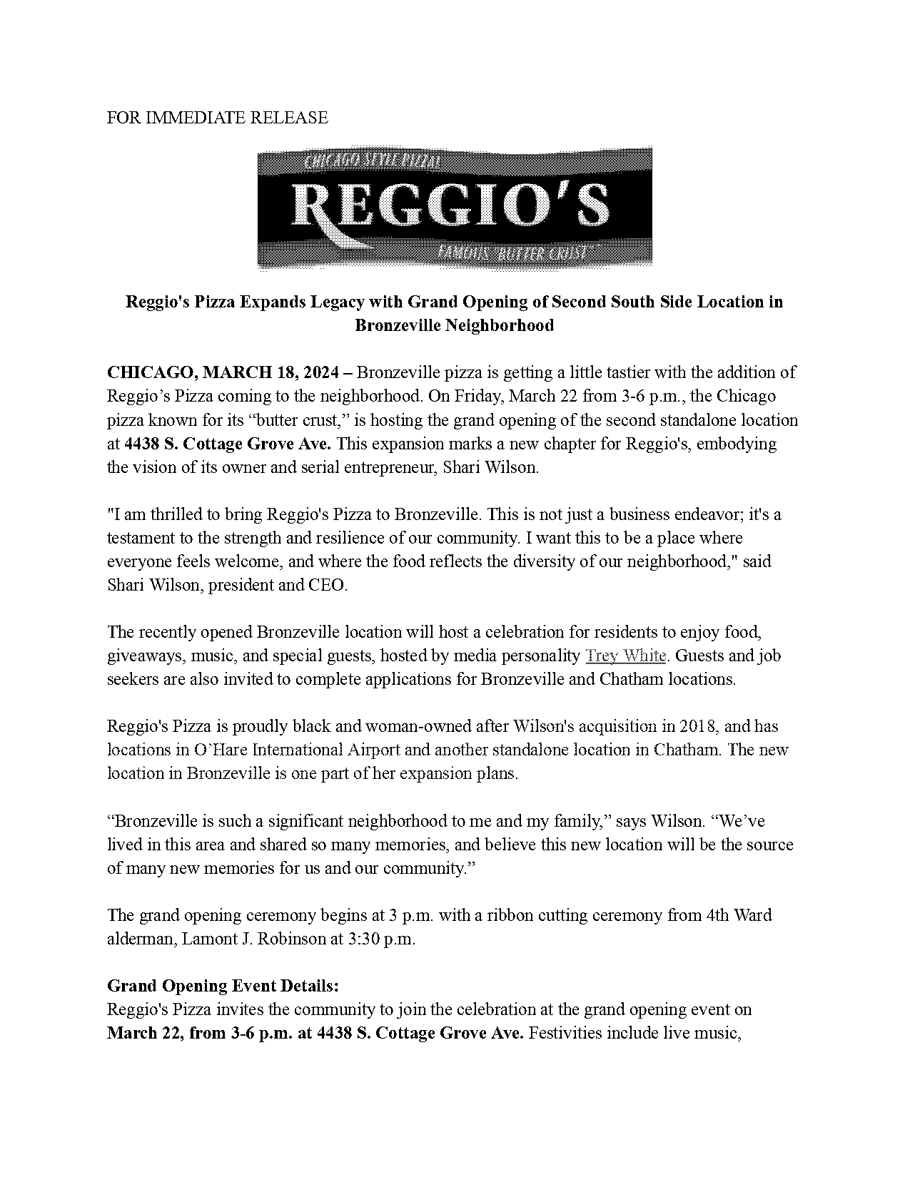 chicago standalone press release