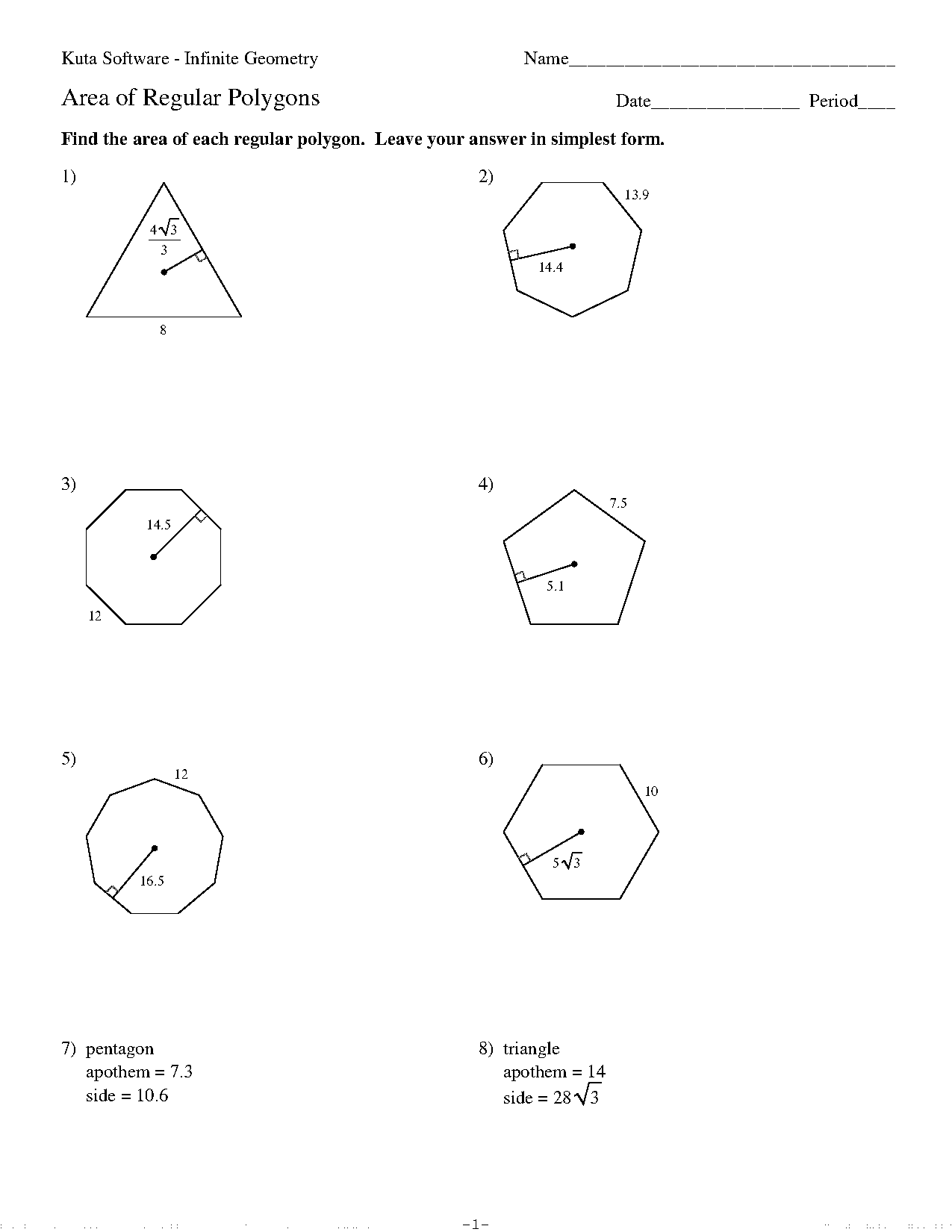 area of regular polygons worksheet solutions