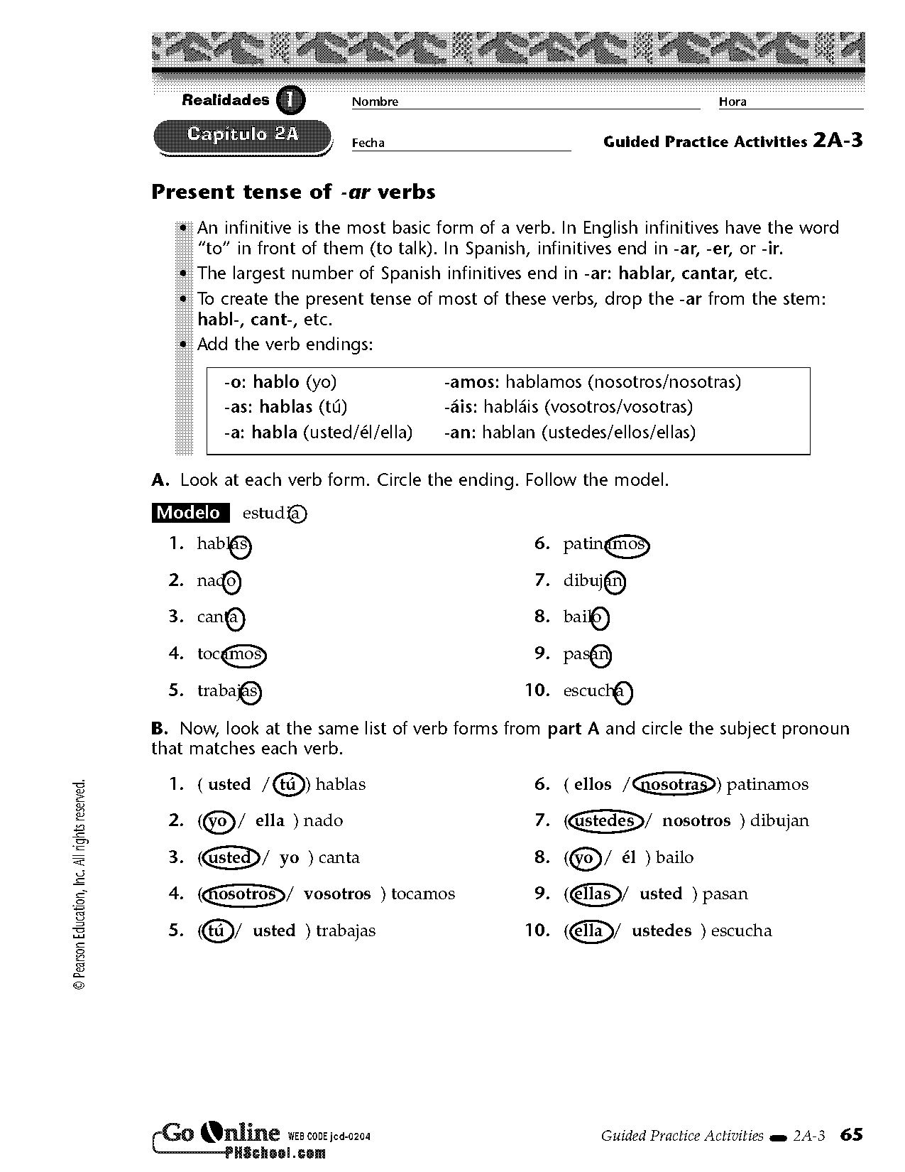 present tense of regular ar verbs worksheet answers