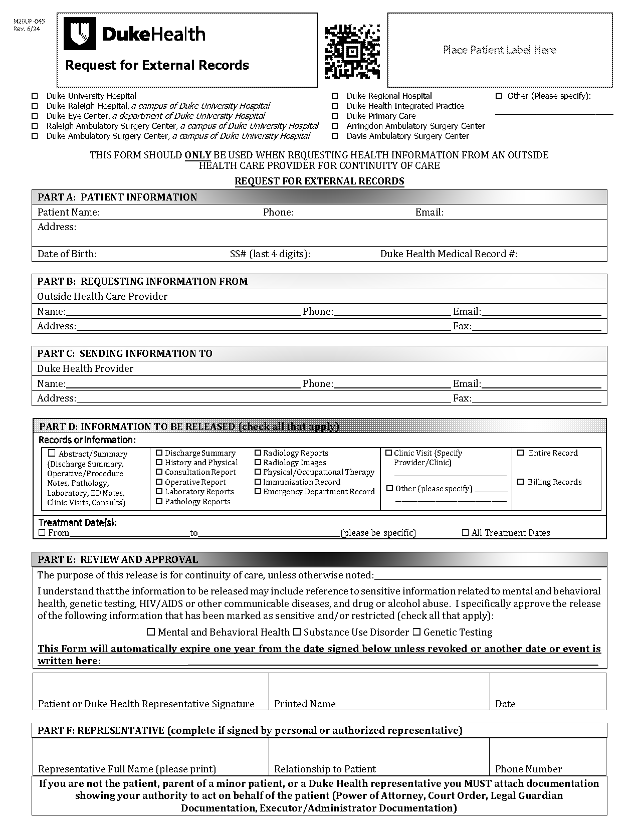 duke university hospital medical records request