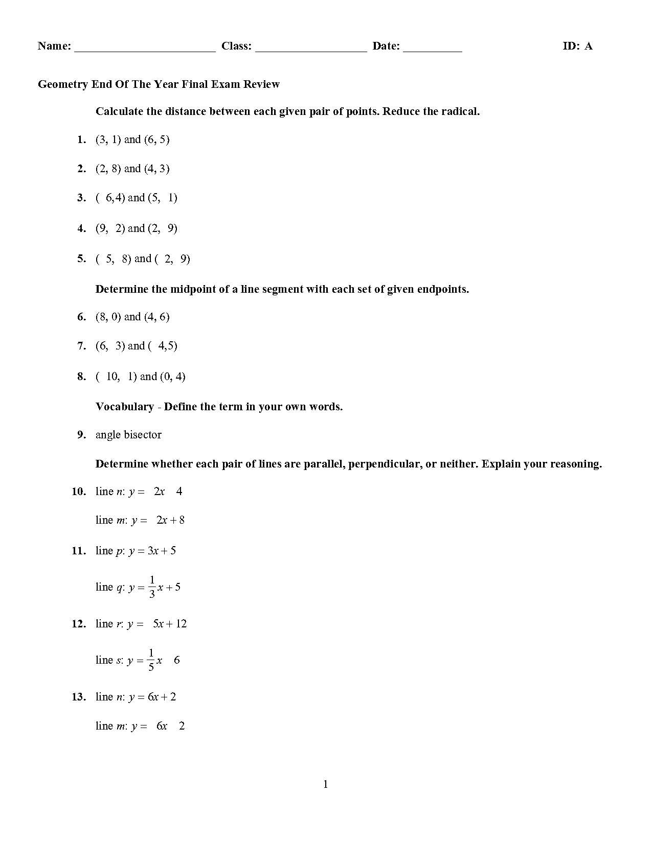 review of geometry worksheet