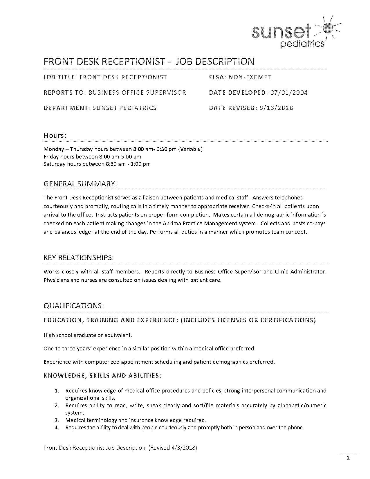 front desk receptionist job description for resume