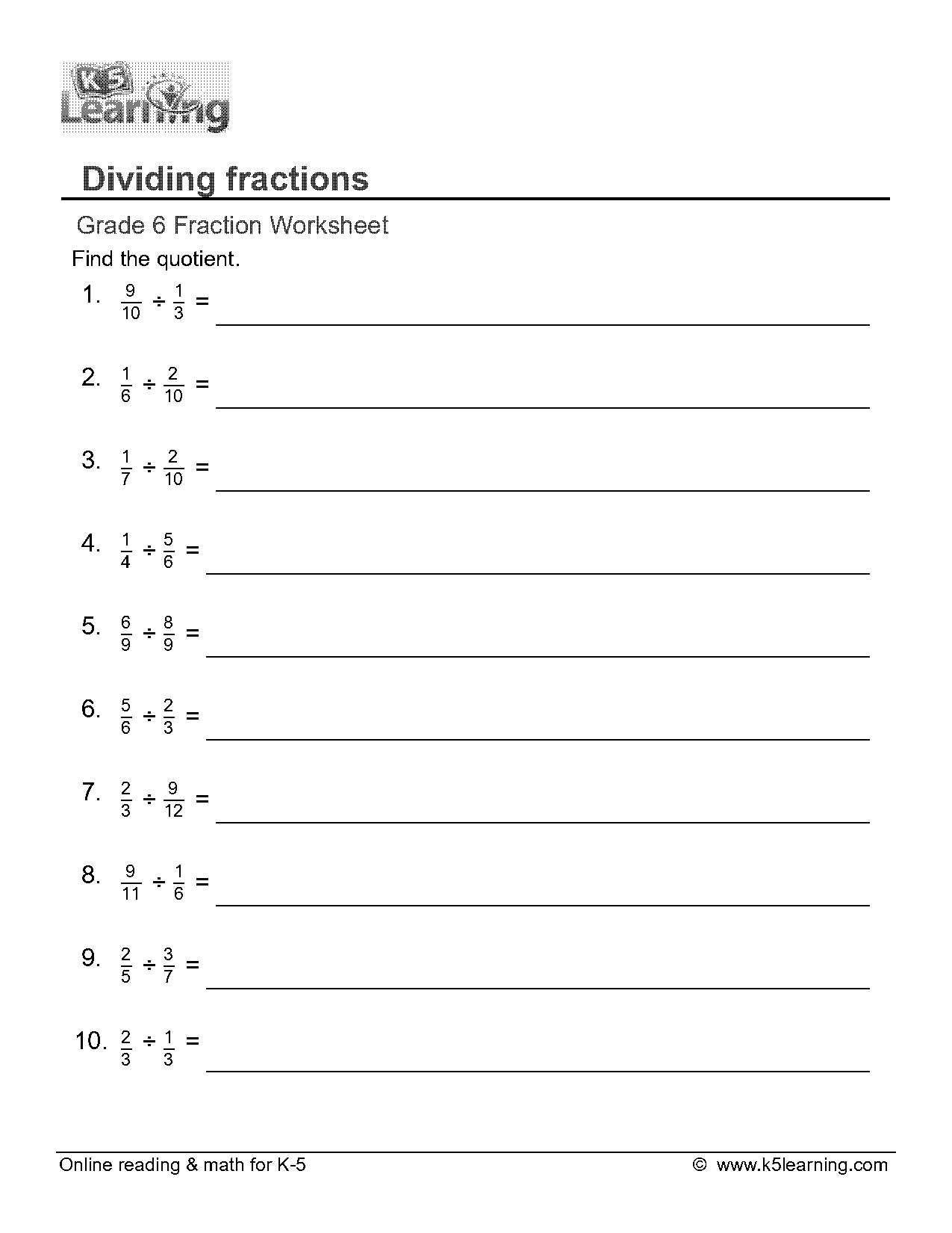 worksheet on dividing fractions