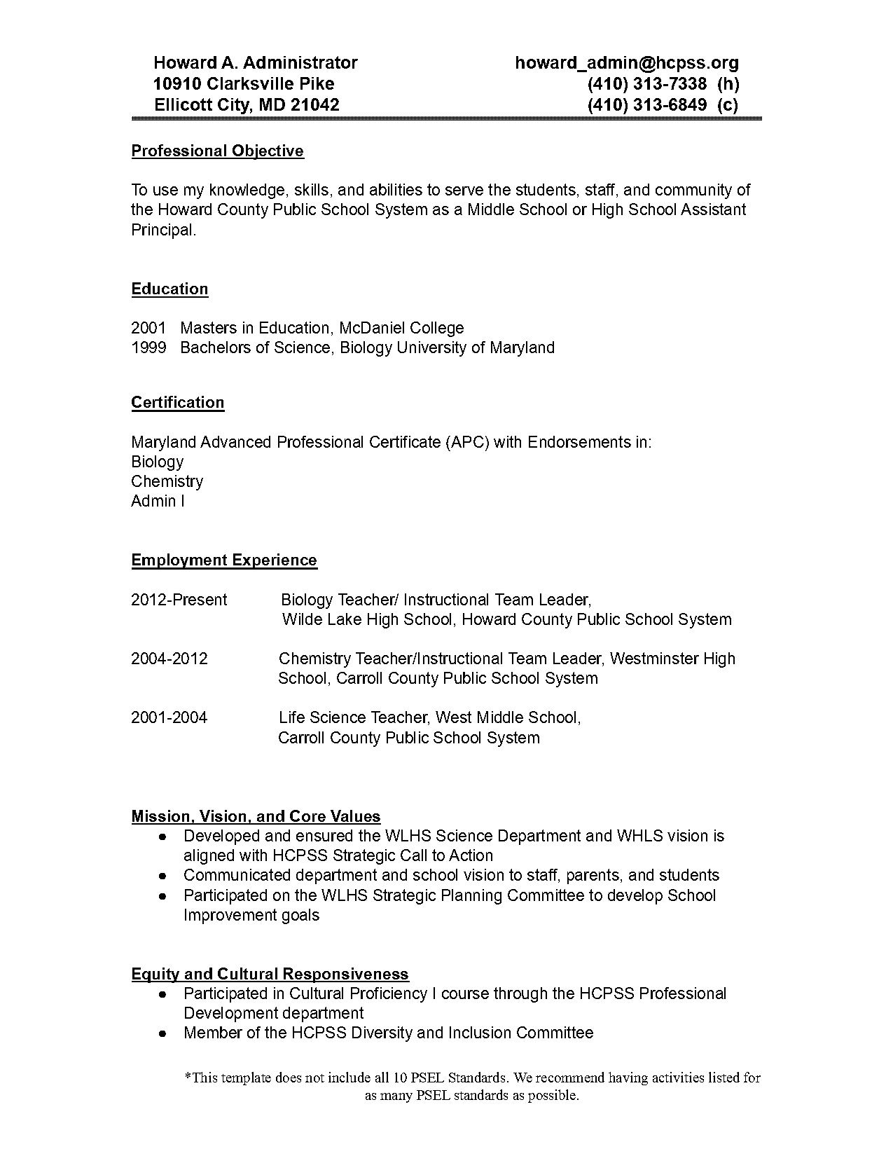 assistant principal job cv or resume