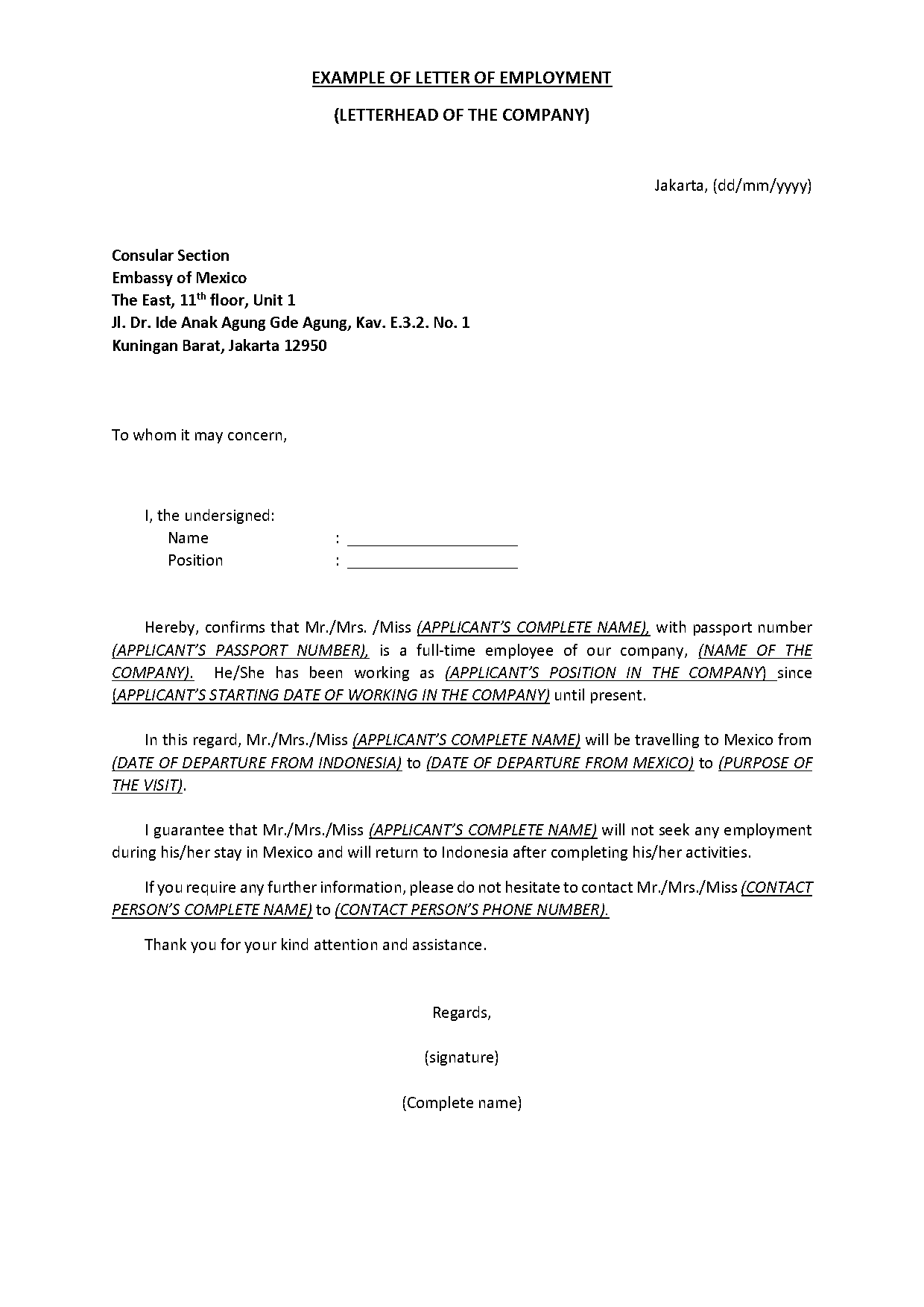 employment certificate letter template