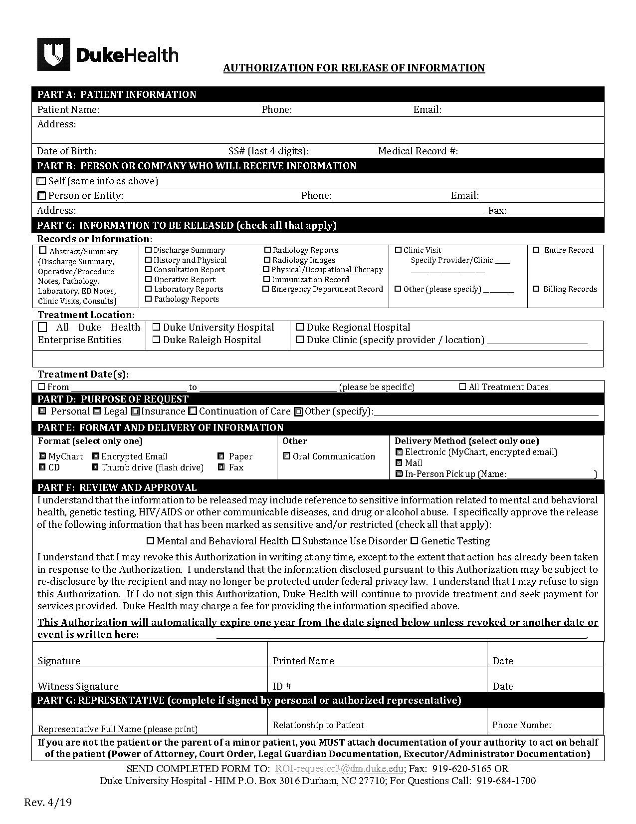 duke university hospital medical records request