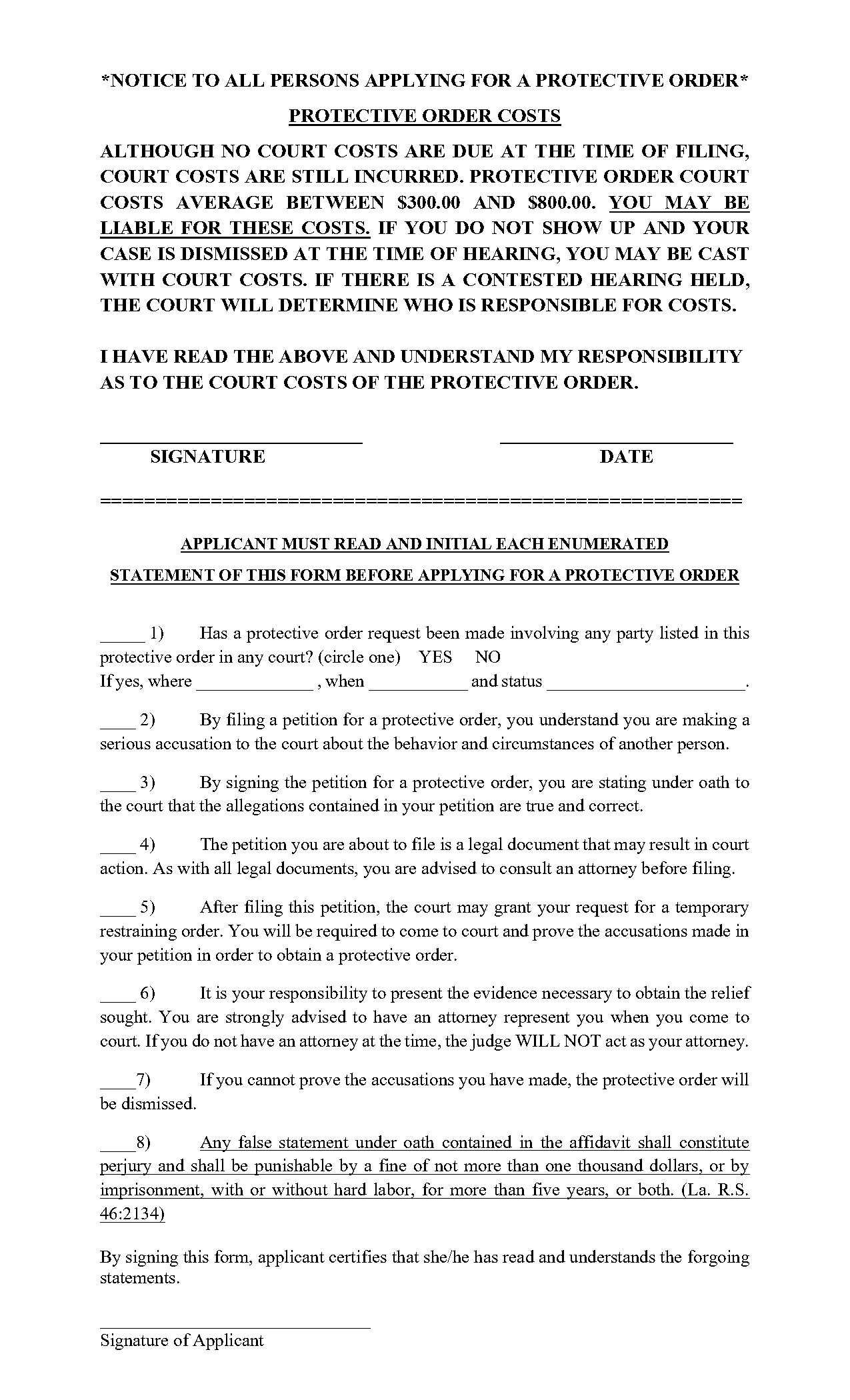 court costs for restraining order