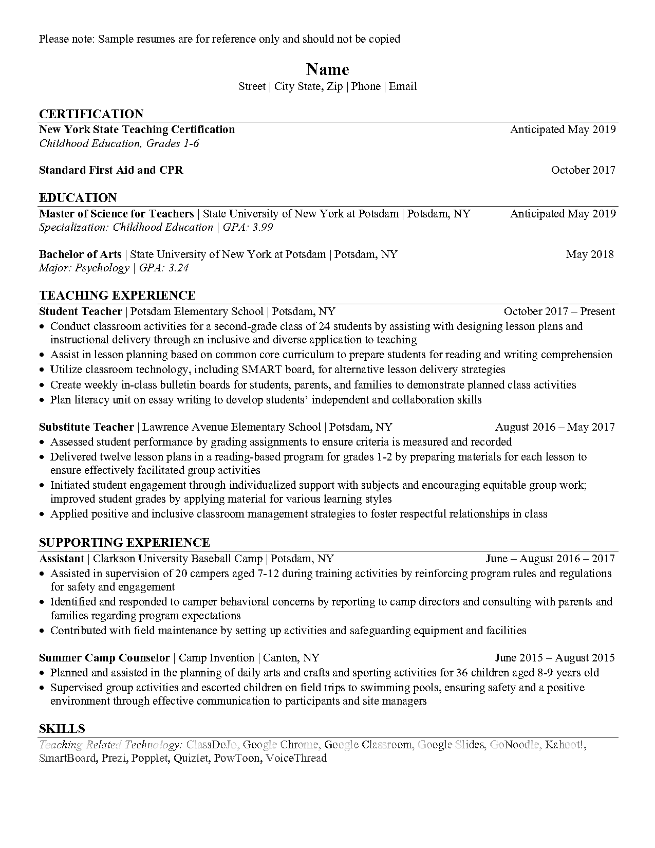 teacher sample resume pdf