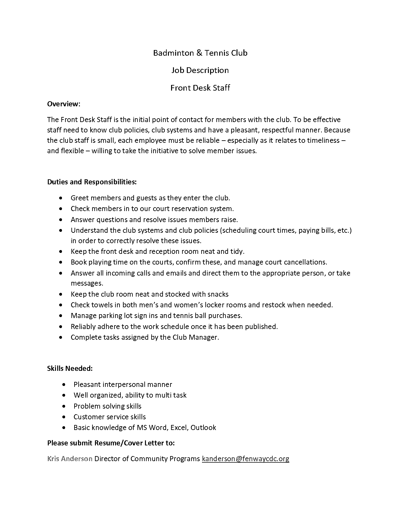 front desk receptionist job description for resume