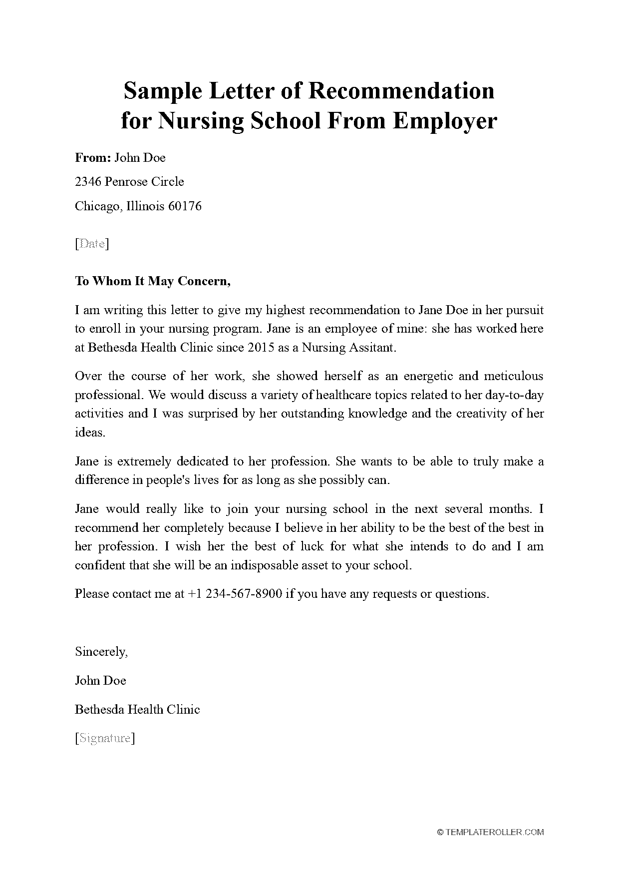 sample of letter of recommendation for nursing student