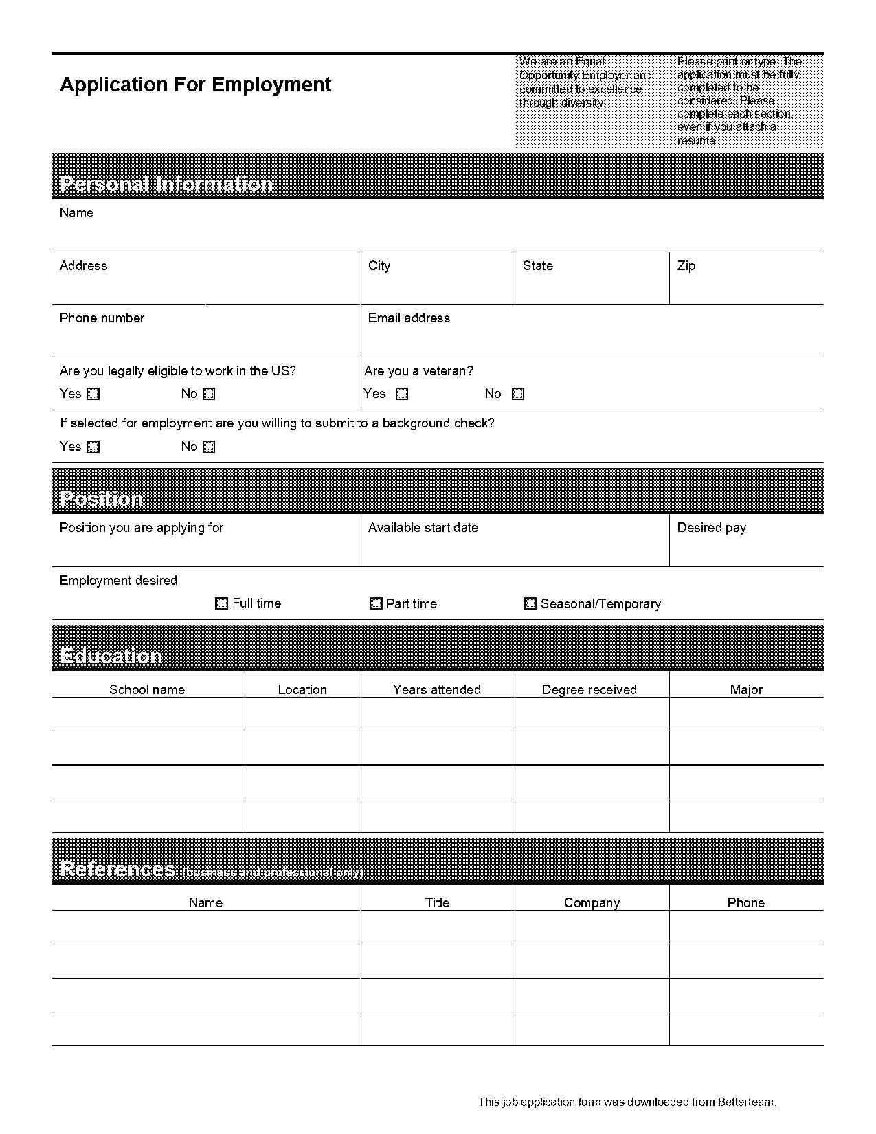 short job application form template