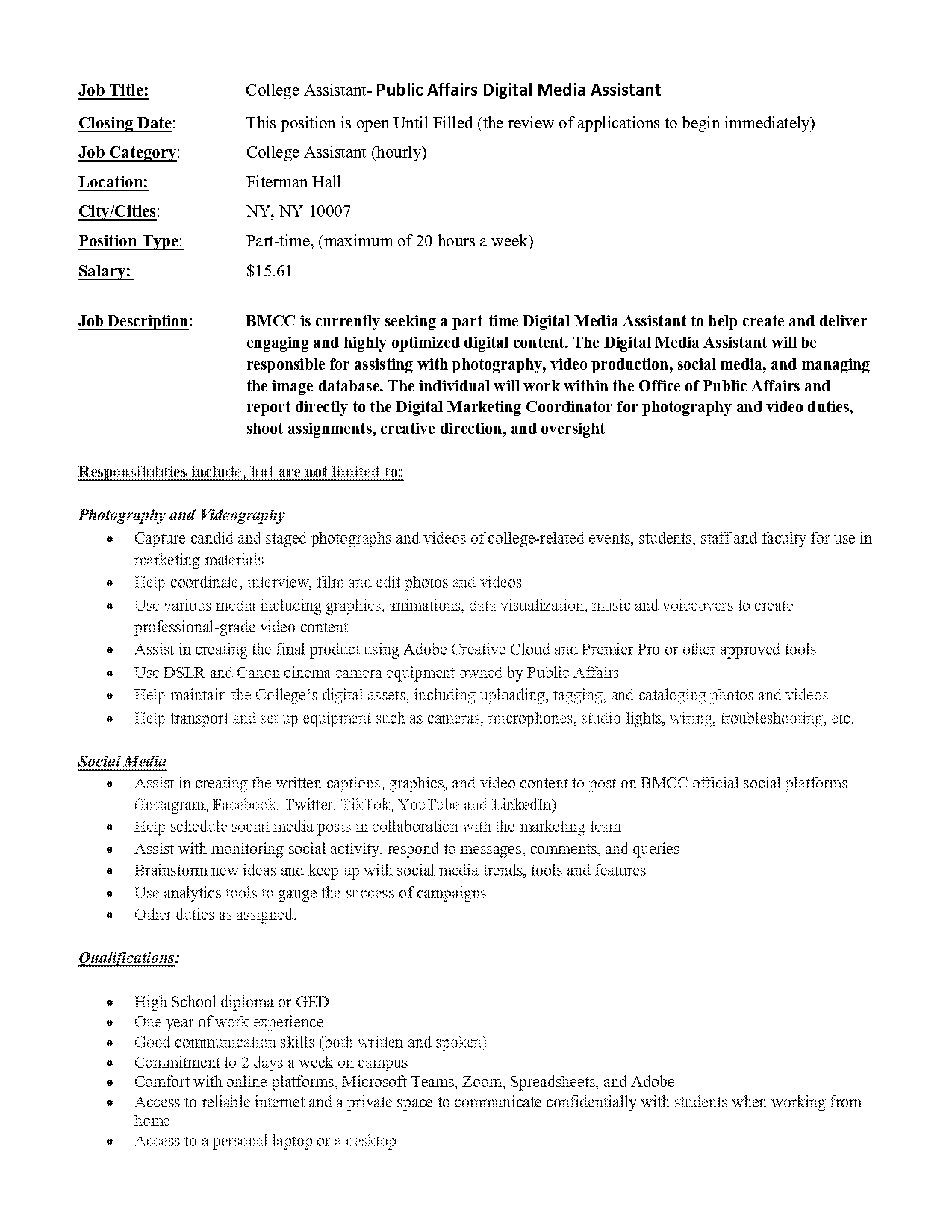 resume for social media assistant