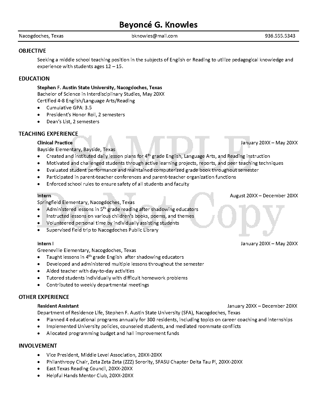 teacher sample resume pdf