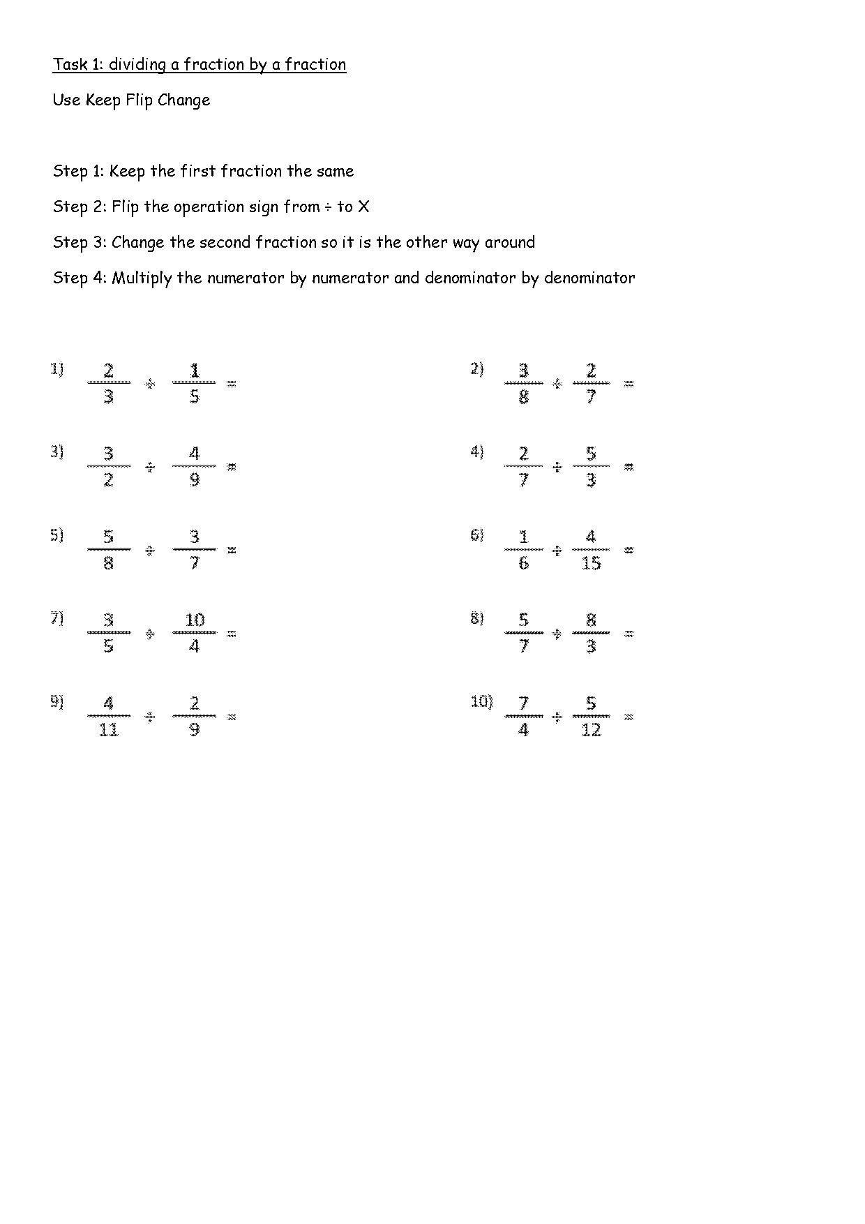 worksheet on dividing fractions