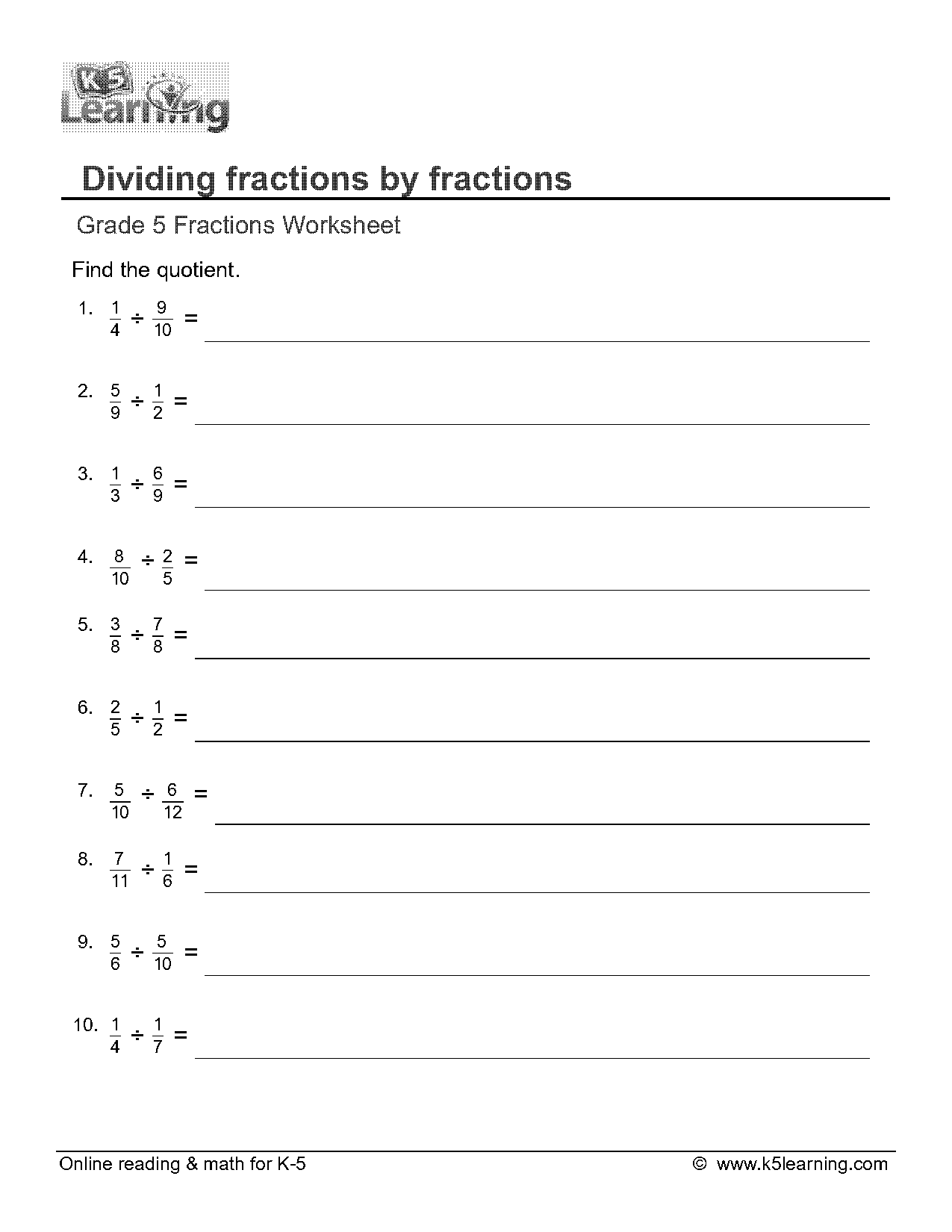 worksheet on dividing fractions