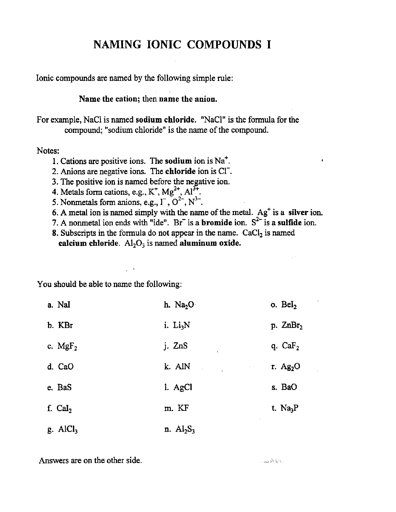 naming ionic compounds worksheet sophomore year