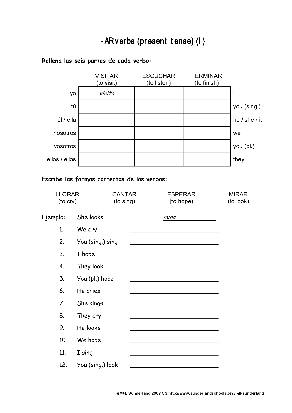 present tense of regular ar verbs worksheet answers