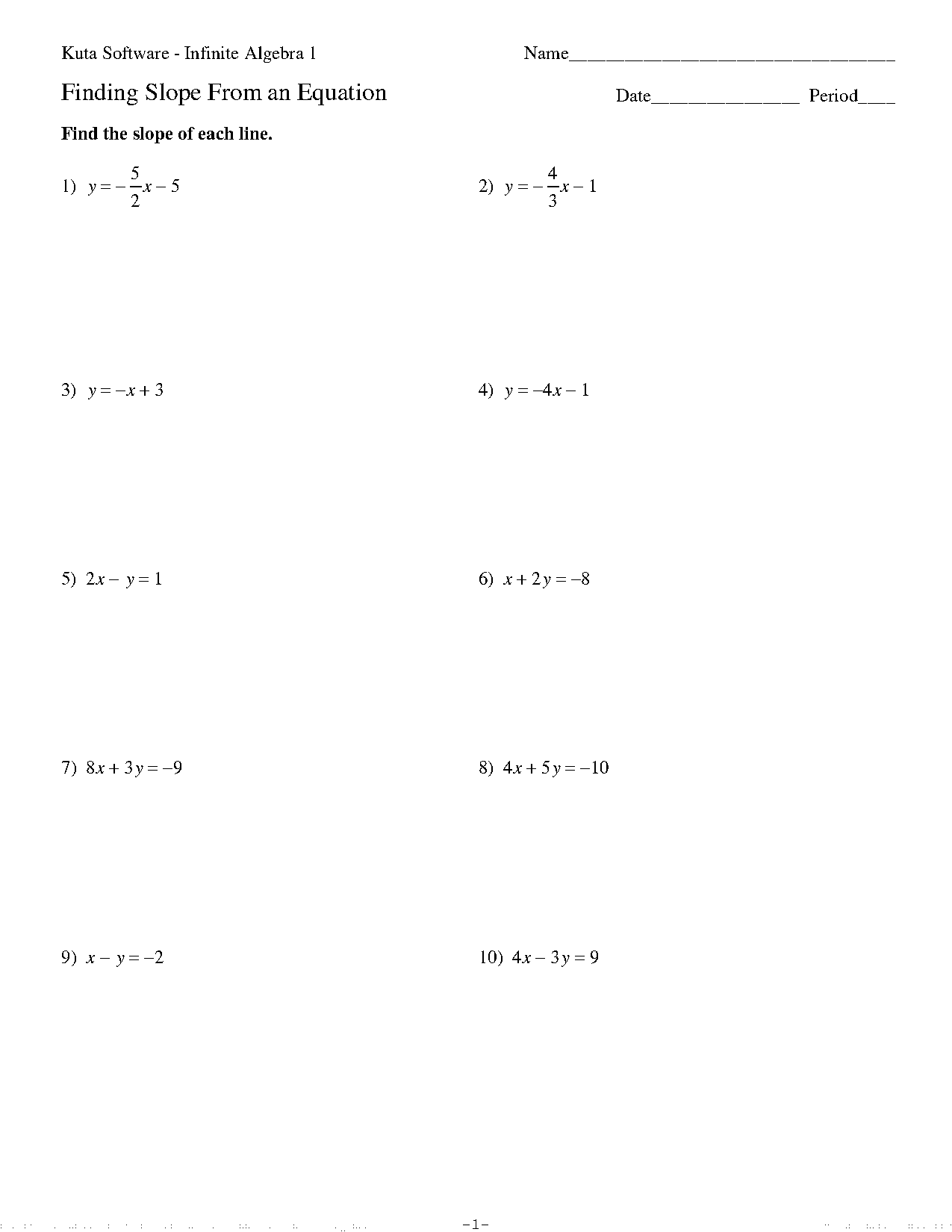 find the slope and y intercept of each equation worksheet