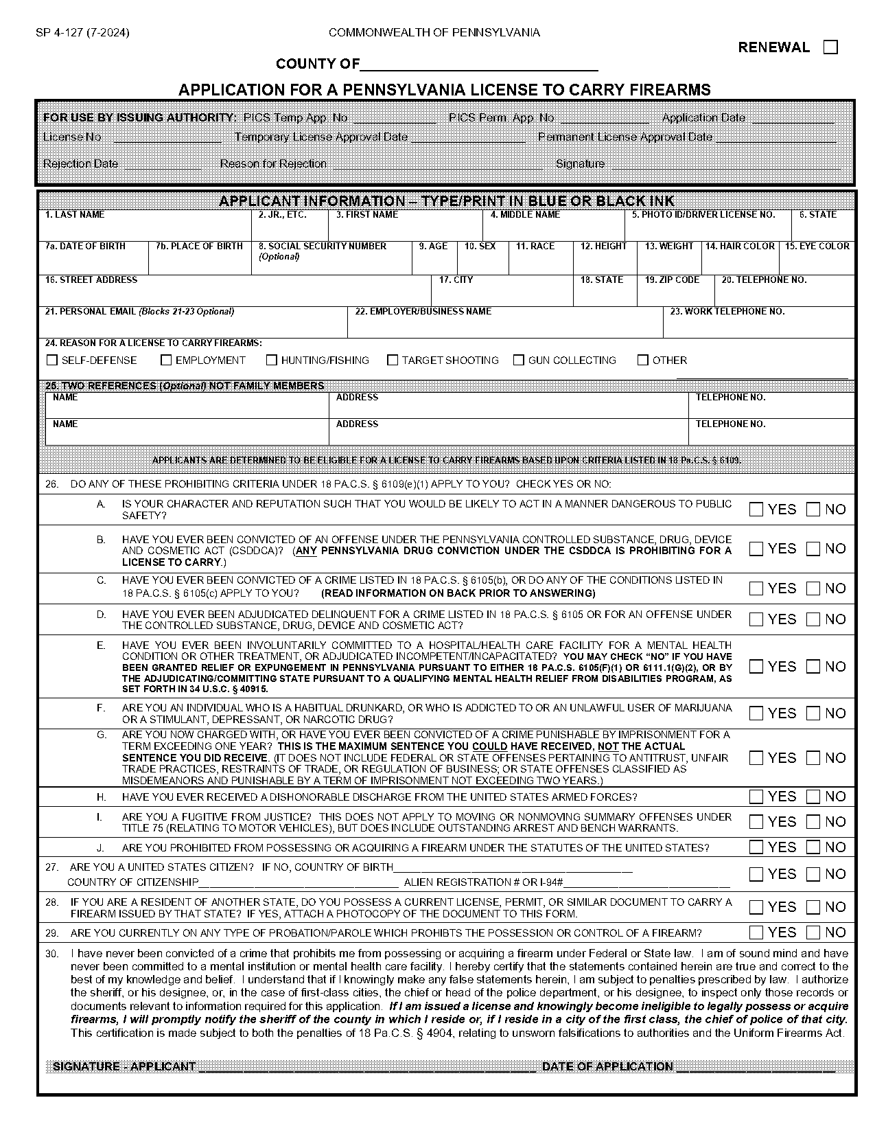 pennsylvania pistol permit application non resident