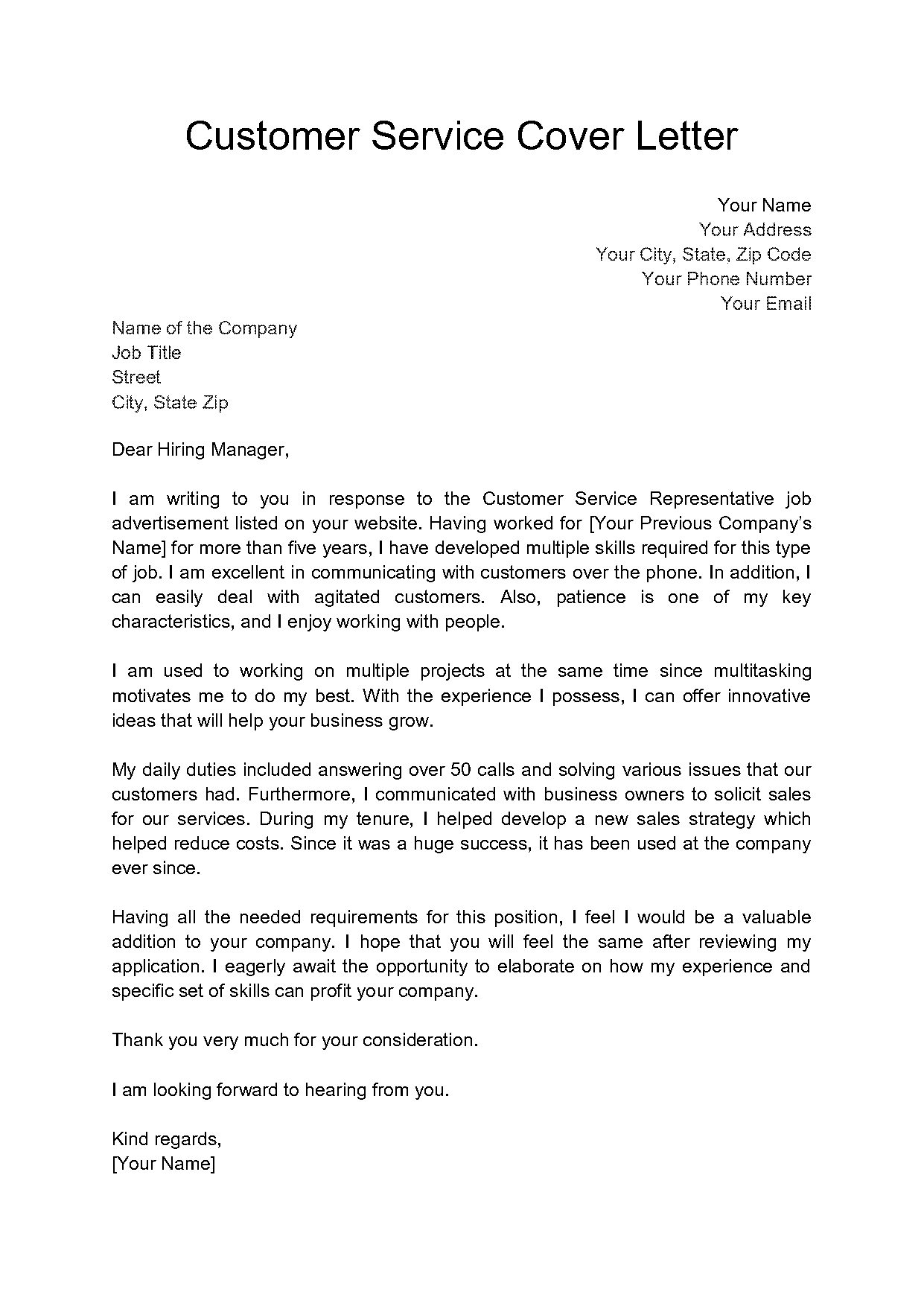 sample letter of cover letter for customer service