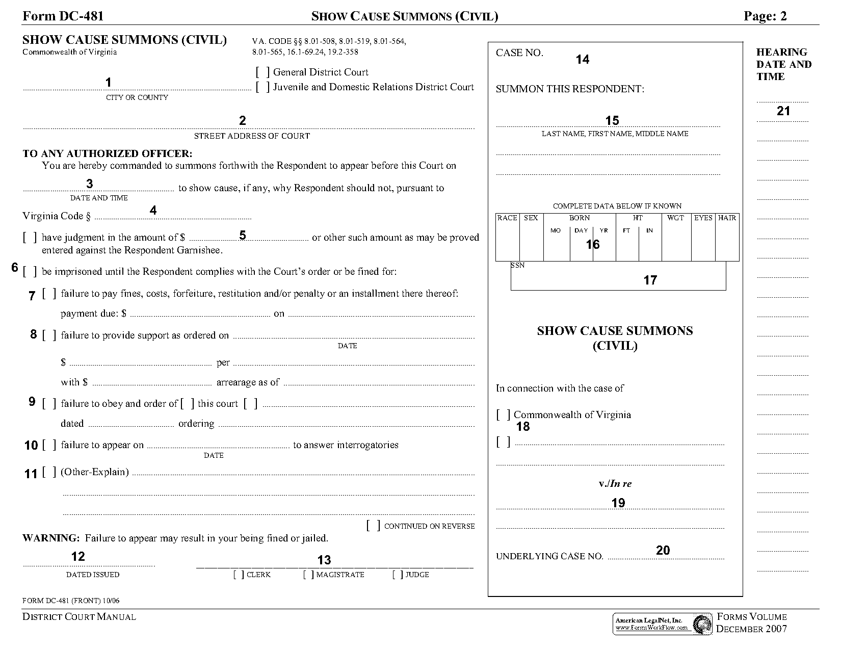 order to show cause form virginia