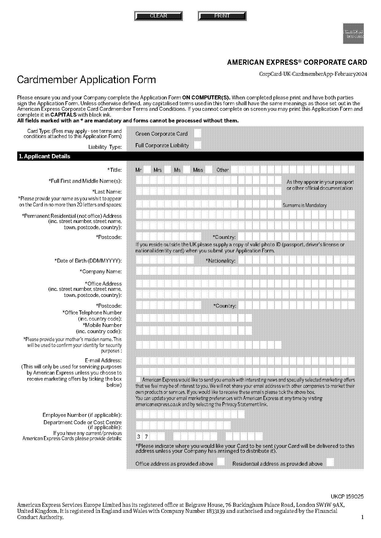 amex corporate green card application form