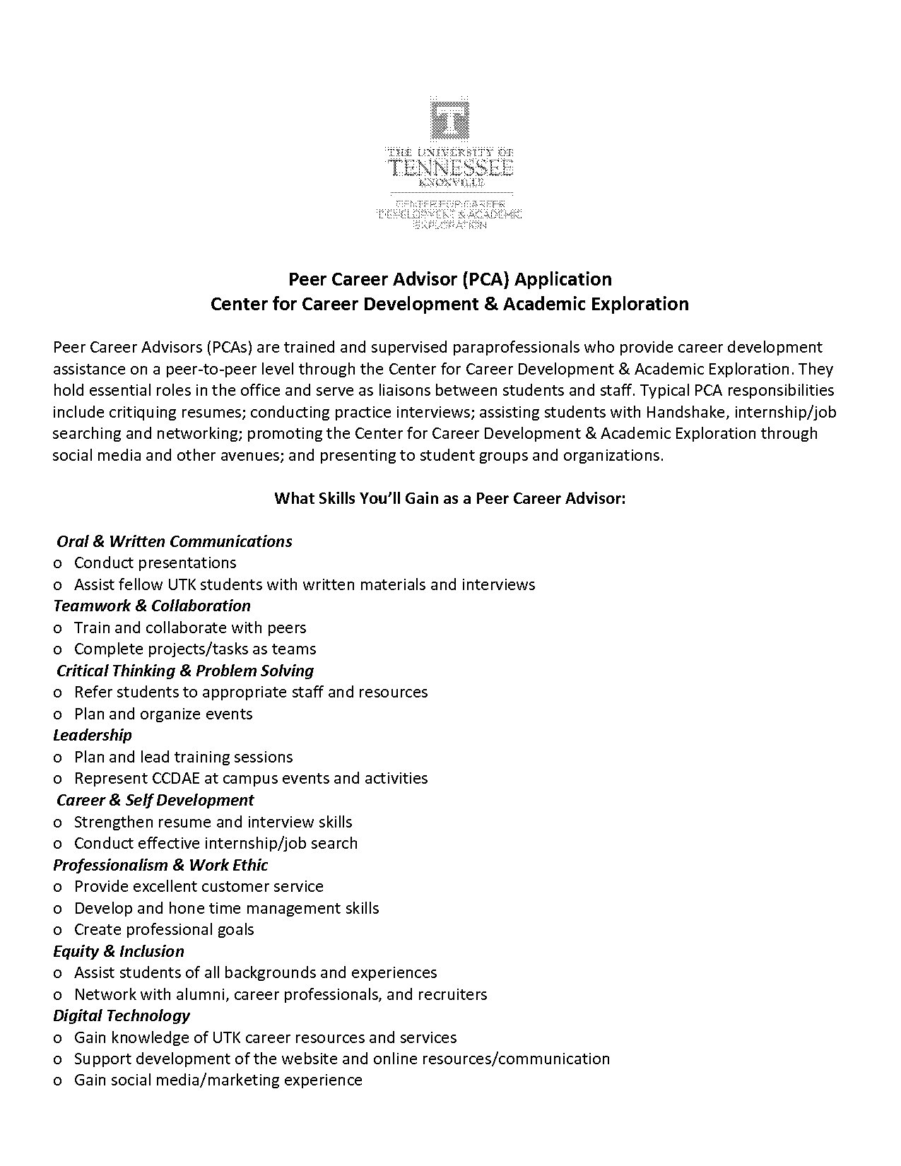 pca job description for resume