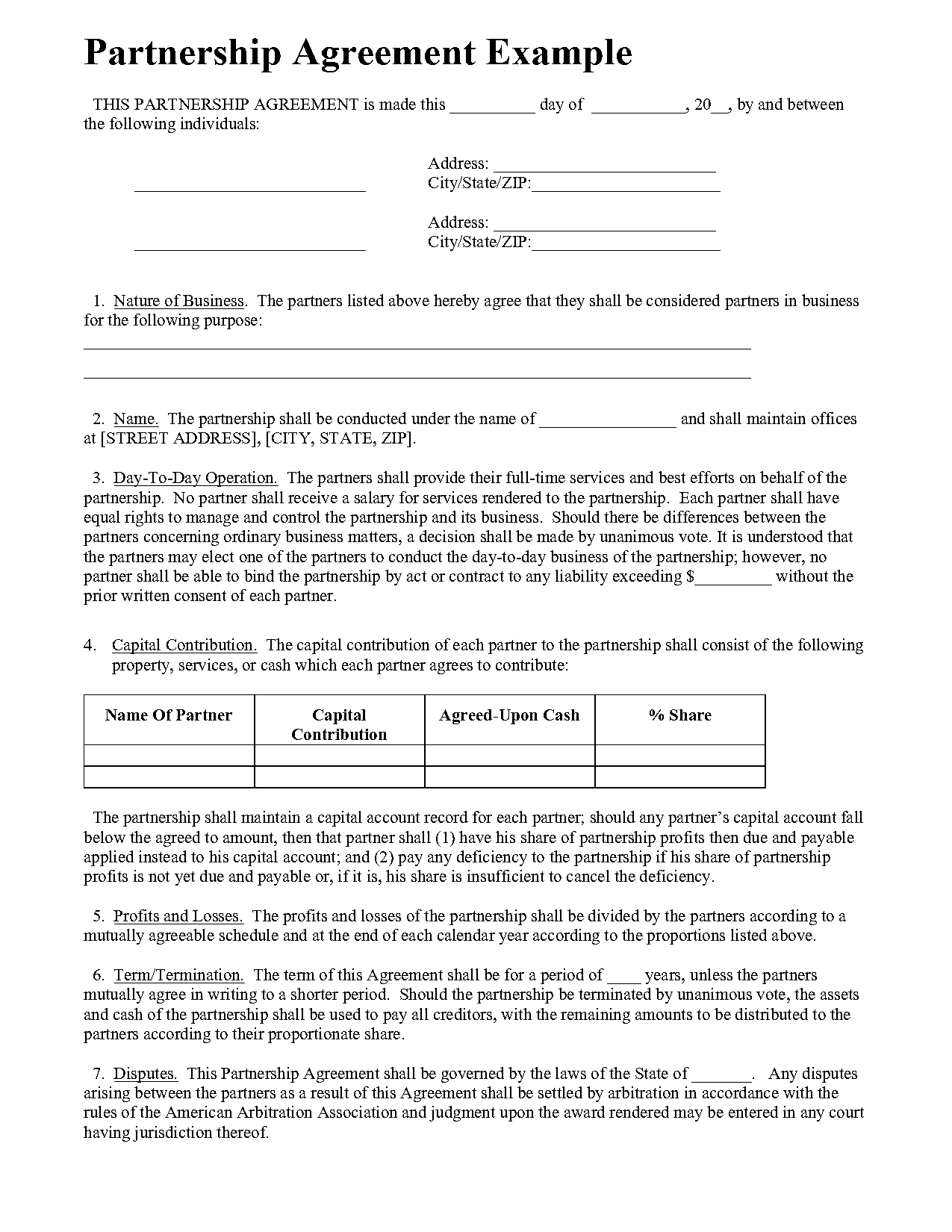 simple partnership agreement sample usa